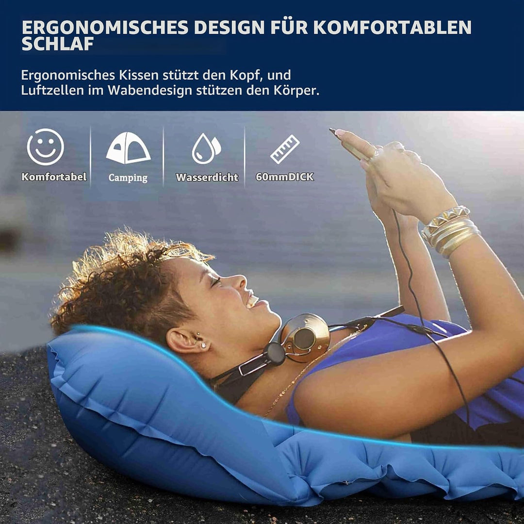 Isomatte Camping, Aufblasbare Isomatte Ultraleicht, Sleeping Isomatte mit Kissen &amp; Fusspumpe, Kompak