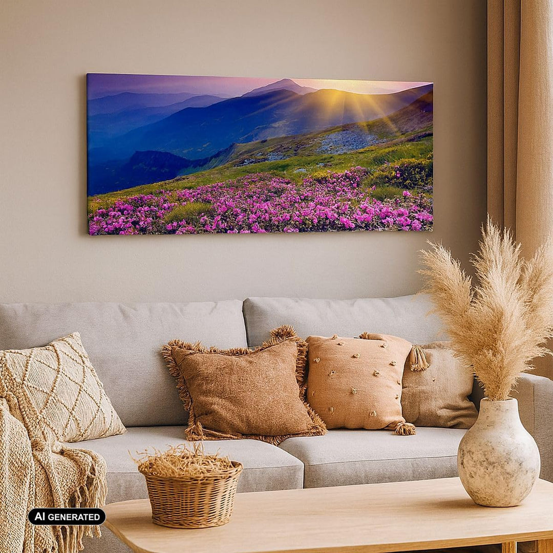 Wandbilder Dekoration Wohnzimmer Wiese Berge Landschaft Panorama Bilder auf Leinwand 120x50cm Leinwa