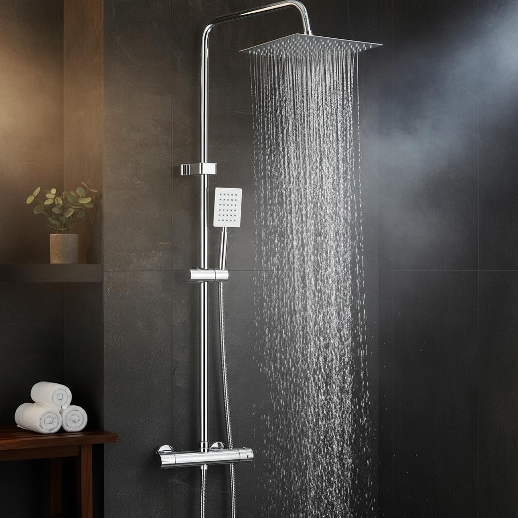 Thermostat Regendusche Komplettset Chrom Edelstahl Duscharmatur mit 20cm Überkopfbrause Höhenverstel