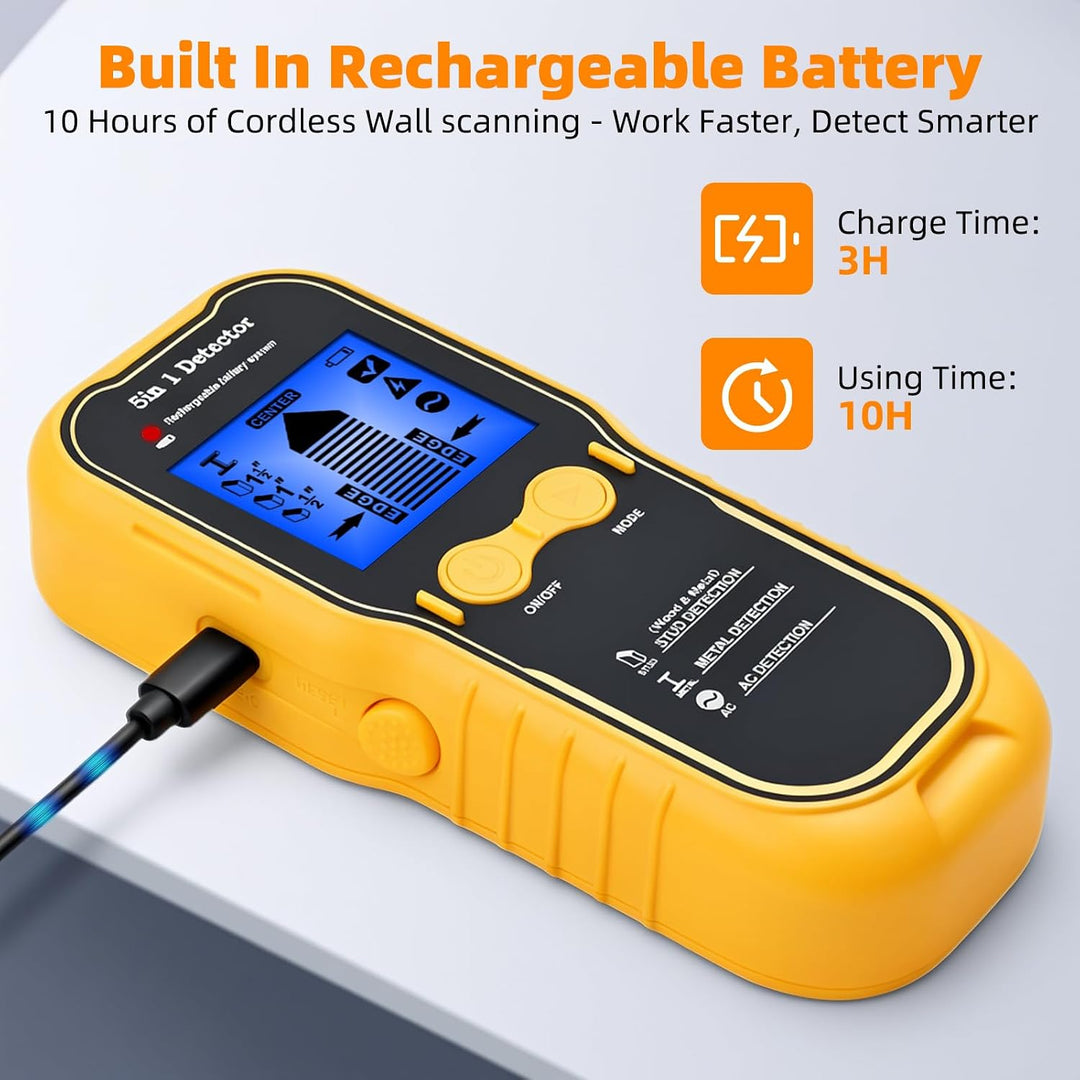 Wandscanner 5 in 1 Wiederaufladbar Stud Finder Holz Metall AC Stromkabel | Type-C Schnellladung LCD