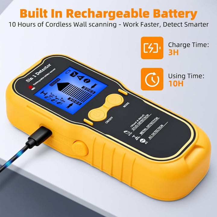 Wandscanner 5 in 1 Wiederaufladbar Stud Finder Holz Metall AC Stromkabel | Type-C Schnellladung LCD