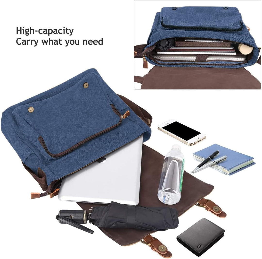 S-ZONE Herren Umhängetasche 15,6 Inch Grosse Vintage Canvas Messenger Bag Aktenktasche Schultertasch
