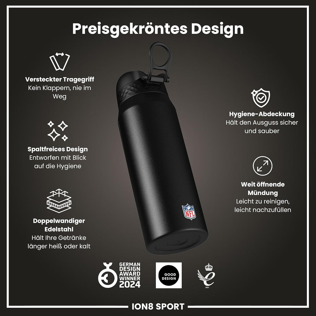 ion8 NFL Edelstahl-Trinkflasche, Auslaufsicher, Einhandöffnung, Sichere Verriegelung, Spülmaschinenf