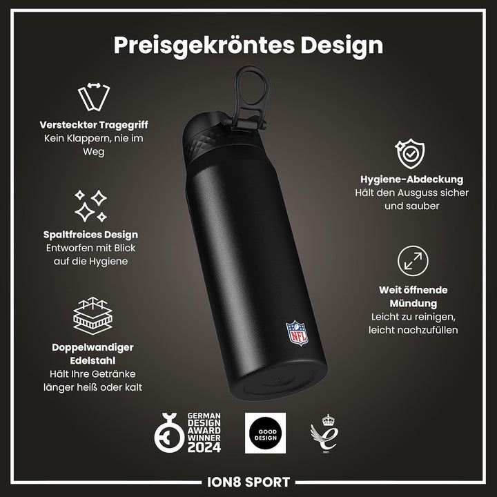 ion8 NFL Edelstahl-Trinkflasche, Auslaufsicher, Einhandöffnung, Sichere Verriegelung, Spülmaschinenf