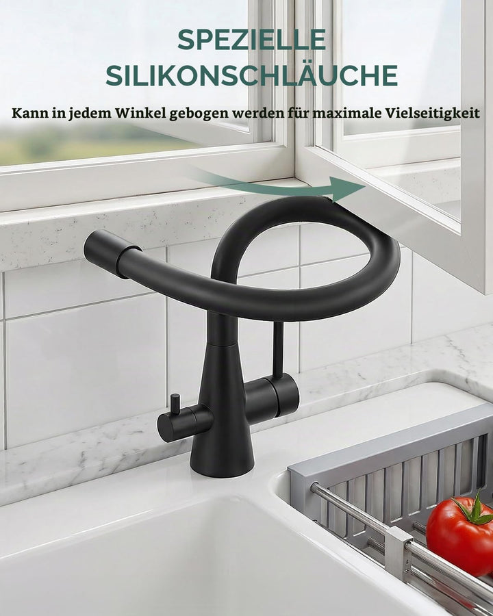DAYONE 3 Wege Schwarz Wasserhahn Küche Flexibel, 3 in 1 Mischbatterie für Wasserfilter Osmose, 360°