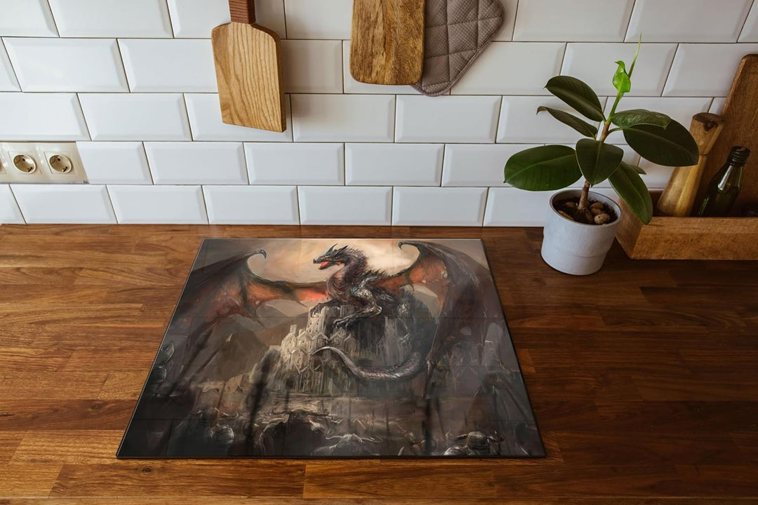 Drache schützend über Burg Herdabdeckplatte & Spritzschutz aus Echtglas | Für Herd-Kochfelder | 60x5
