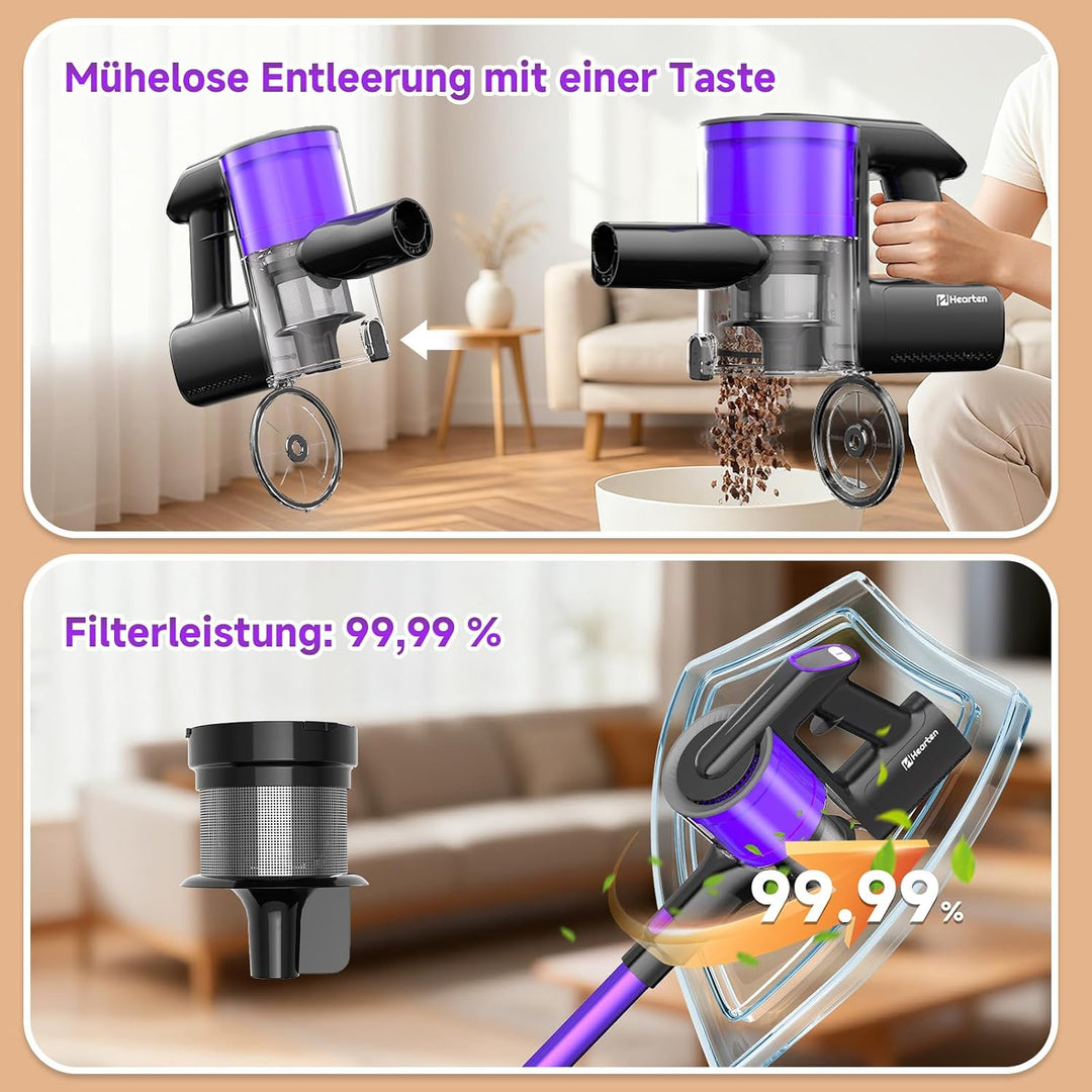 Hearten Akku Staubsauger Kabellos mit LED Display, Leise, 3 Betriebsarten, Kabelloser Staubsauger mi