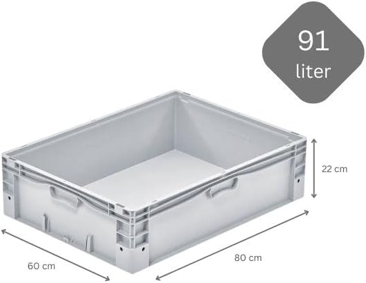 PROREGAL Euro-Norm Grossbehälter | HxBxT 22x60x80cm | 91 Liter | Glatter Boden | Grau | Eurobehälter
