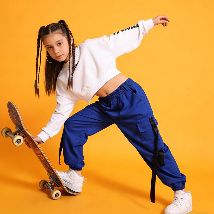 Rolanko Mädchen Hip Hop Hose Kinder Cargohose Elastische Jogginghose für Streetwear Tanz Blau 6-7 Ja