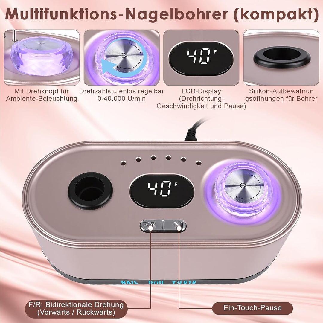 Elektrische Nagelfeile Nagelfräser für Gelnägel 12 in 1 Nagelfräser Professionell ,40000U/Min,LCD Ma