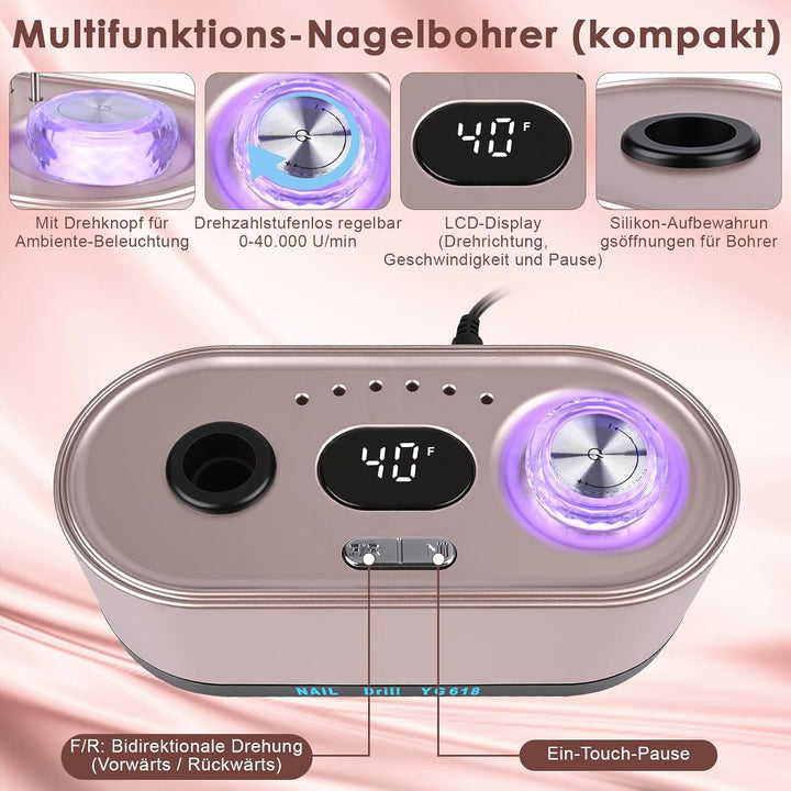 Elektrische Nagelfeile Nagelfräser für Gelnägel 12 in 1 Nagelfräser Professionell ,40000U/Min,LCD Ma