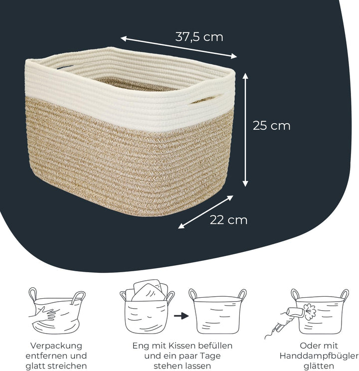 HMF Aufbewahrungskorb mit versteckten Griffen, 3er Set, Korb aus Baumwolle | 37,5 x 25 x 22,5 cm | W