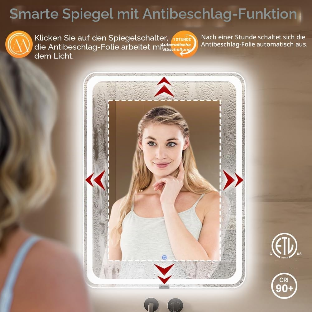badezimmerspiegel mit Beleuchtung, Sandstrahl-Design led Spiegel Bad, 3 Farbtemperaturen, Dimmbar, E
