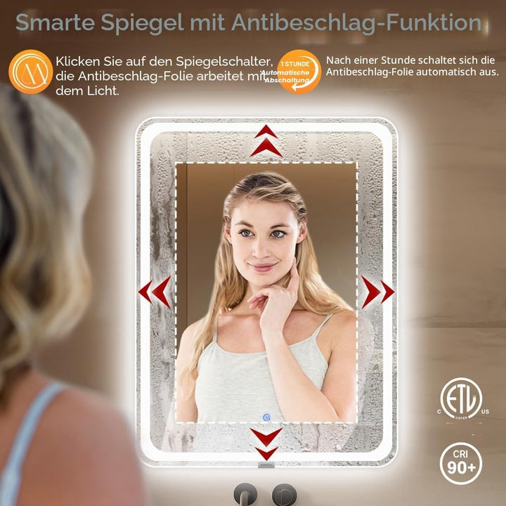 badezimmerspiegel mit Beleuchtung, Sandstrahl-Design led Spiegel Bad, 3 Farbtemperaturen, Dimmbar, E