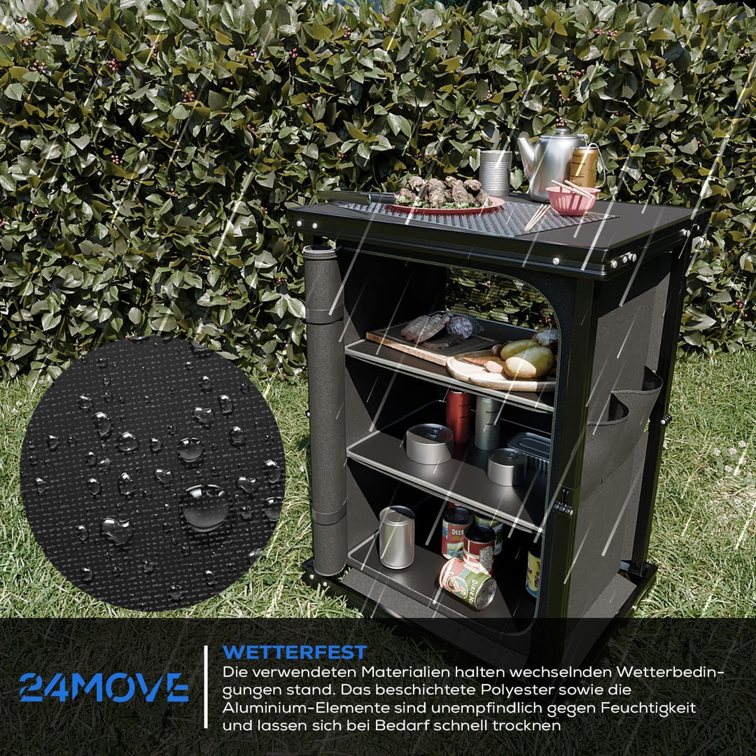 24MOVE® Campingküche faltbar, höhenverstellbarer Campingschrank Alu Reiseküche mit Arbeitsplatte und