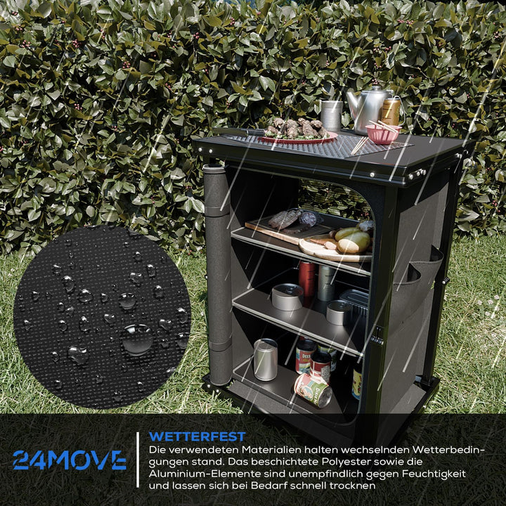 24MOVE® Campingküche faltbar, höhenverstellbarer Campingschrank Alu Reiseküche mit Arbeitsplatte und