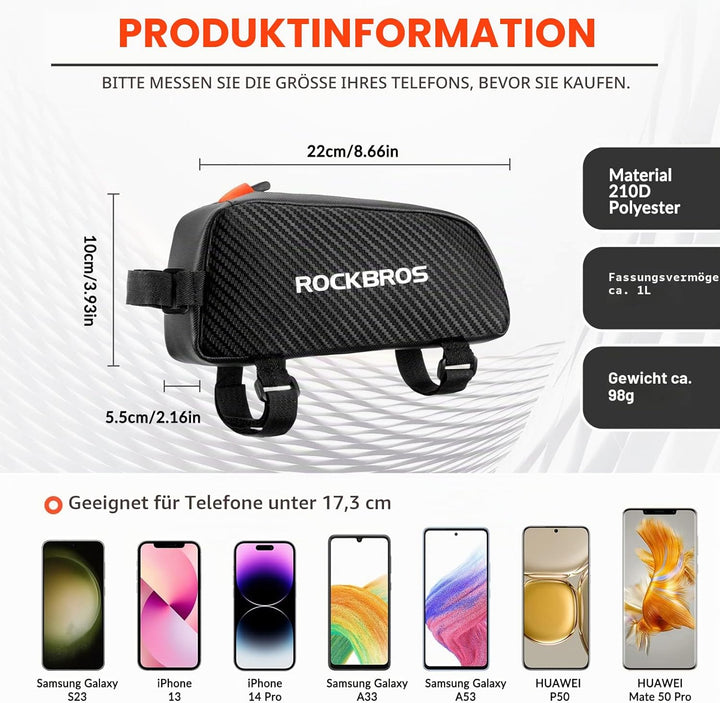 ROCKBROS Rahmentasche Fahrradtasche für Fahrradrahmen Oberrohrtasche ca.1L 22 * 10 * 5,5cm