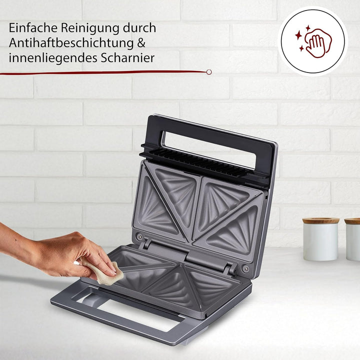 Cloer 6219 Sandwichmaker, 900 W für 2 diagonal geteilte Toasts, optische Fertigmeldung, silber Silbe