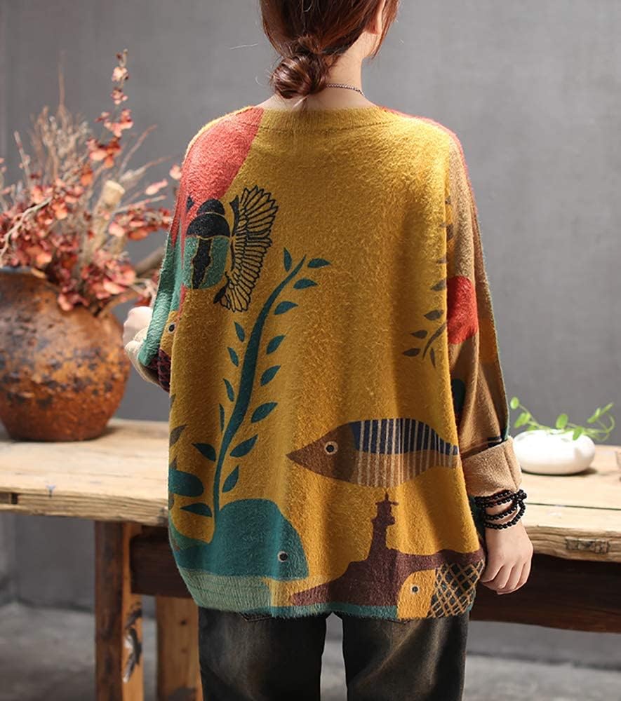 Janein Damen Pullover Oversize Lang Strickpullover Herbst Winter Rundhals Sweater mit Blumenmuster W