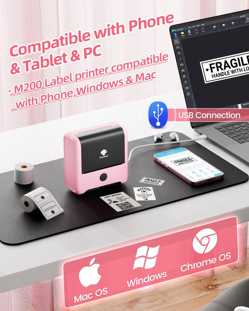 Phomemo M200 Bluetooth Etikettendrucker - Upgrade 3 Zoll Tragbarer Etikettiergerät,Barcode Labeldruc
