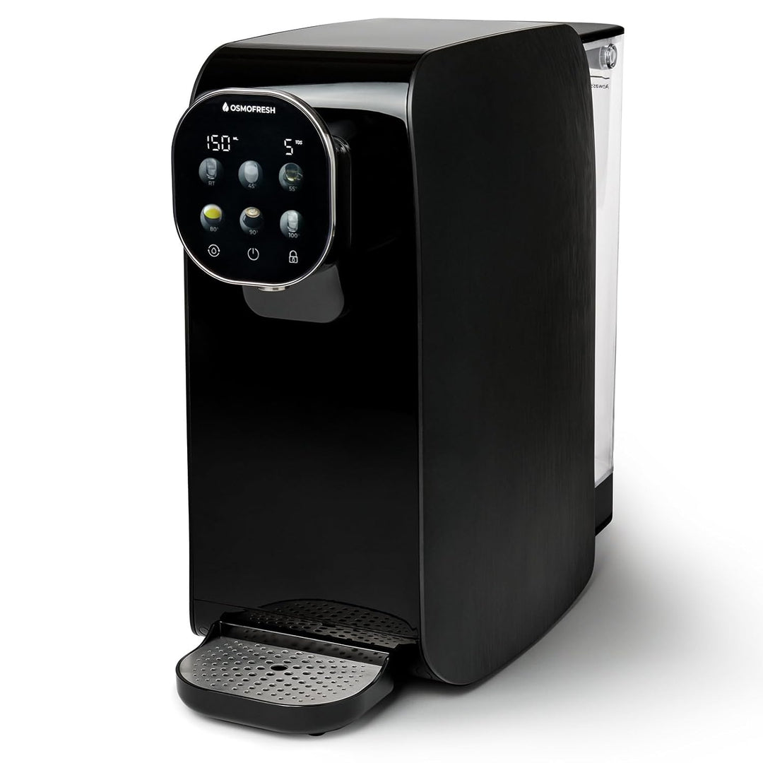 OsmoFresh Auftisch Osmoseanlage Quella Pro Black | mit Heisswasserspender | 6 Temperaturstufen | 7-F