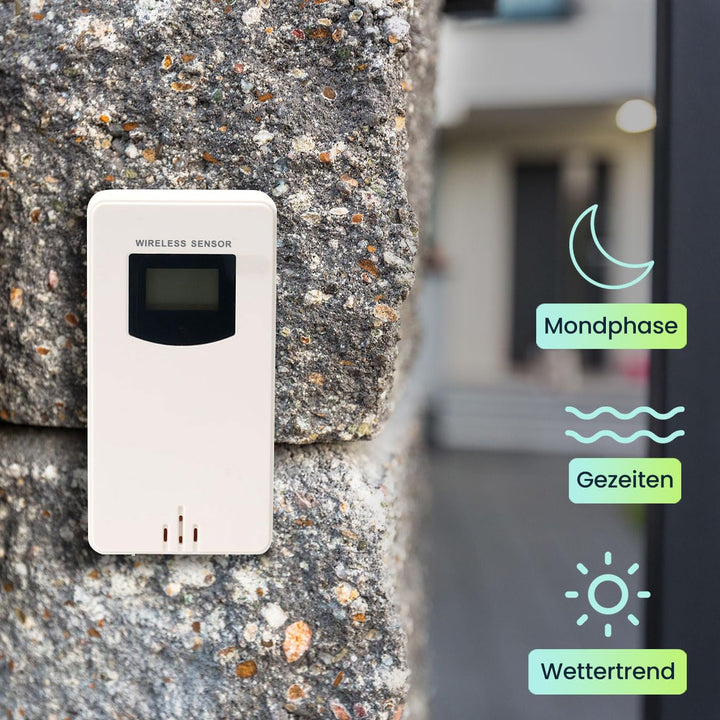 Moderne Wetterstation mit LCD-Farbdisplay, Funk-Aussensensor, Wecker & USB-Ladeport – präzise Wetter