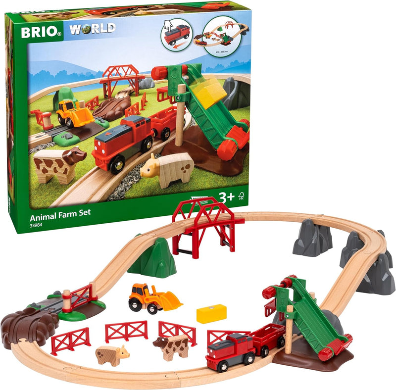 BRIO 33984 - Bauernhof Set - Holzeisenbahn mit Bauernhof, Tieren und Holzschienen - Kleinkinderspiel