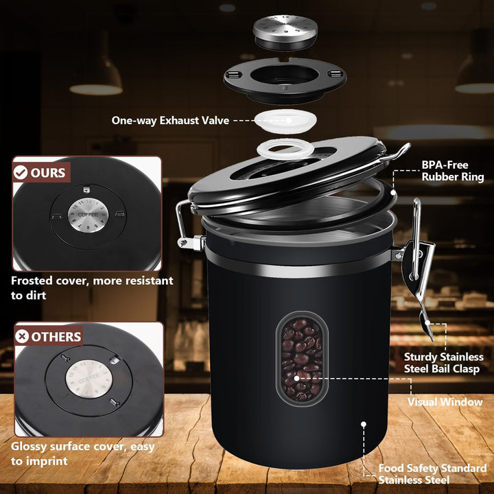 ROCKY&CHAO Kaffeedose Luftdicht aus Edelstahl 1,5L Kaffeebhnen Behälter 500g Vorratsdose für Tee Nüs