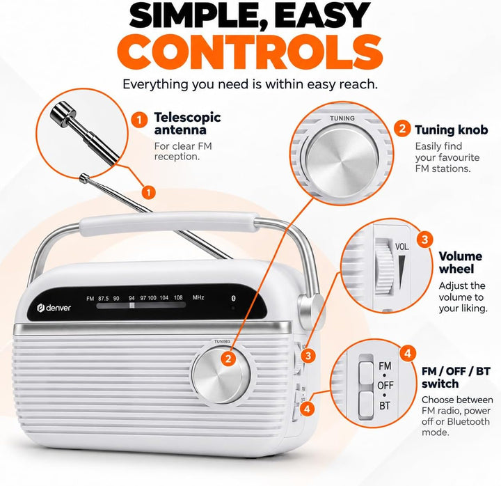 Denver Tragbares FM-Radio mit Bluetooth 5.0, 230 V oder Batteriebetrieb