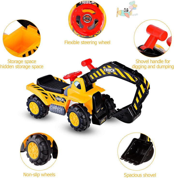 LIFEZEAL Sitzbagger für Sandspiel, Kinderbagger Rutscherfahrzeug mit Eingebautem Stauraum, Baustelle