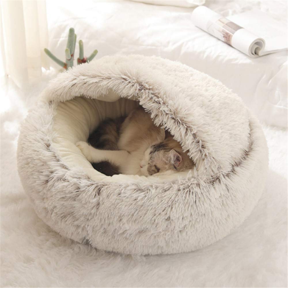 Flauschiges Katzenbett, rund, weiches Plüsch, Höhle mit Kapuze, für den Winter, warm, Schlafkissen,