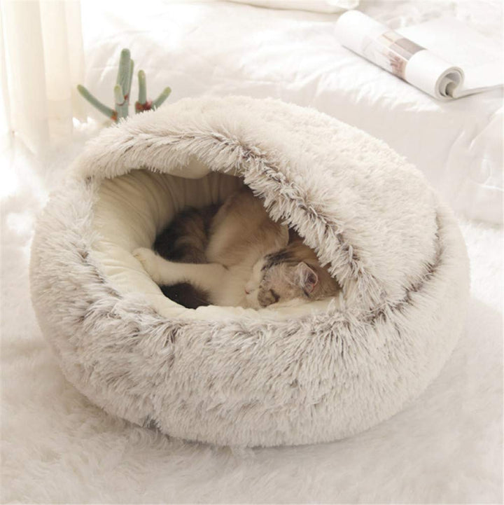 Flauschiges Katzenbett, rund, weiches Plüsch, Höhle mit Kapuze, für den Winter, warm, Schlafkissen,