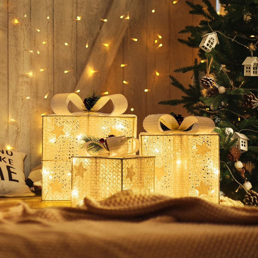 GIGALUMI 3er Set LED Geschenkbox mit Schleife Leuchtend Geschenkeboxen Lichtbox Weihnachts Dekoratio