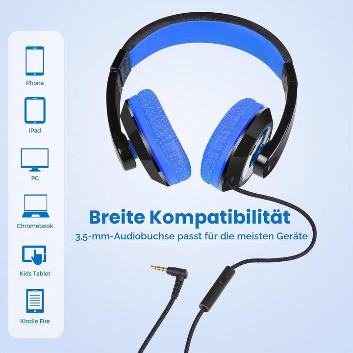 RockPapa Comfort+ Kinder Kopfhörer für Schule Jungen, Kopfhörer Kinder mit Kabel, Einstellbar, 3,5 m