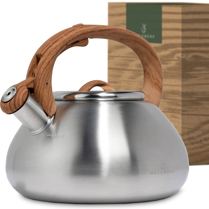 WALDWERK Wasserkessel (2,3L) - Wasserkessel für Induktion und Gasherd - Teekessel mit Holzoptik Grif