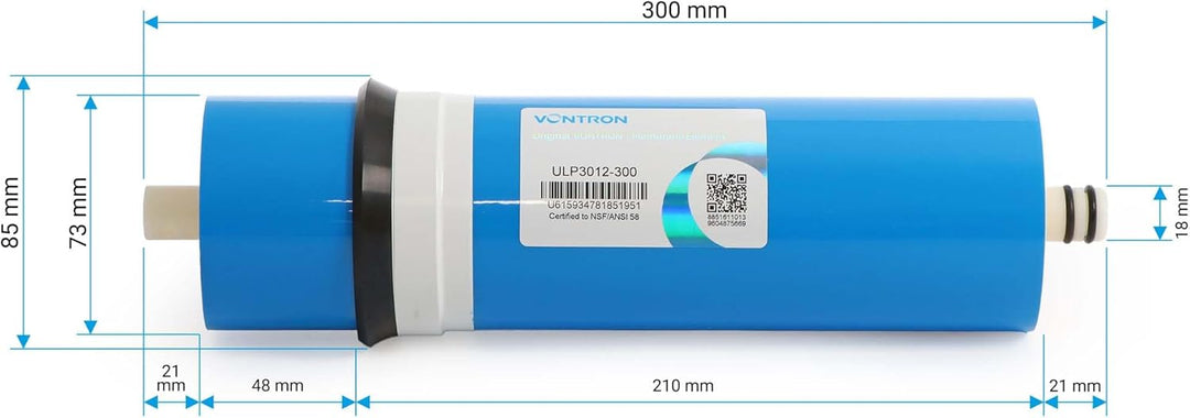 10 Zoll 254 mm Umkehrosmose RO Membrane 1200 L/Tag 300GPD Osmose Anlage
