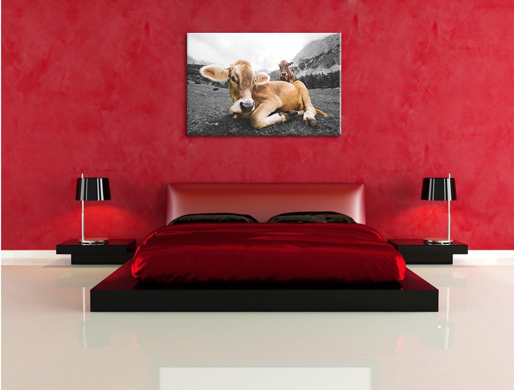 Pixxprint Almkuh in den Bergen als Leinwandbild/Grösse: 100x70 / Wandbild/Kunstdruck/fertig bespannt