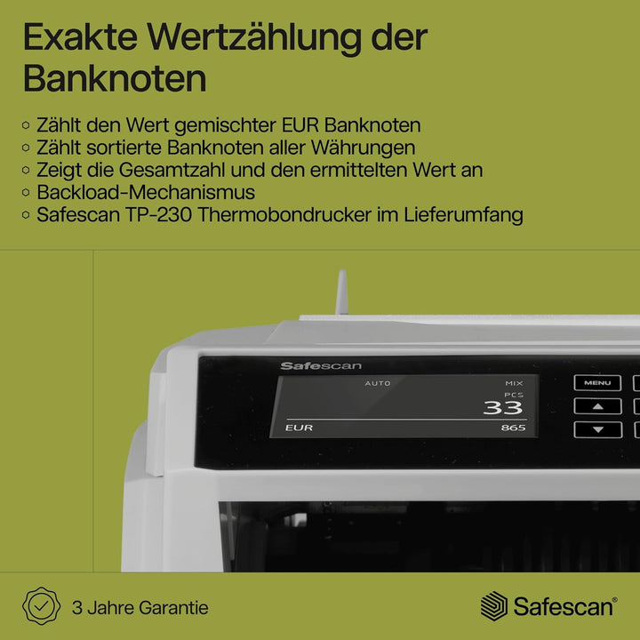 Safescan 2465-S - Banknotenzähler für gemischte Geldscheine, mit 7-facher Falschgeldprüfung & TP-230