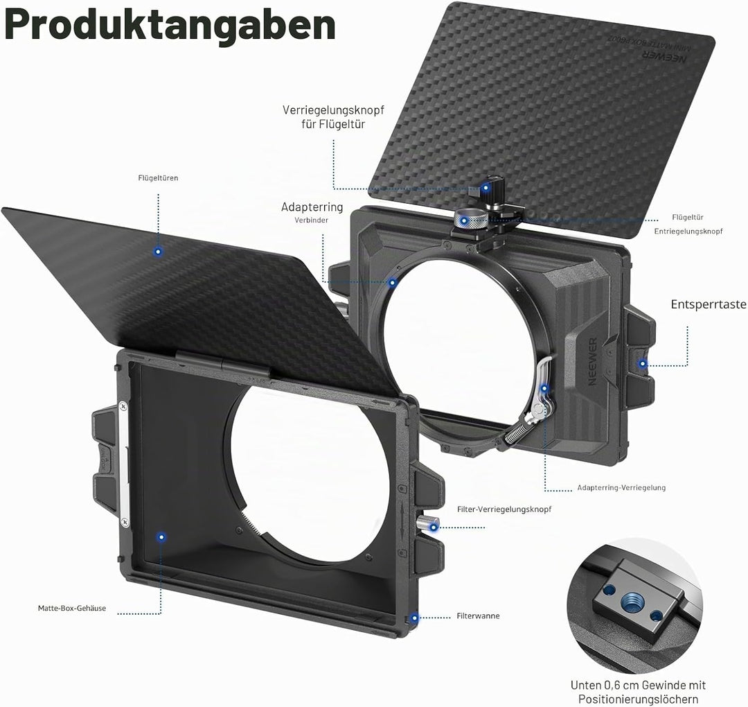 NEEWER Mini Matte Box mit einem 4" x5,65 Filterfach, Kohlefaser Flagge, 4 kreisförmigen Objektivring