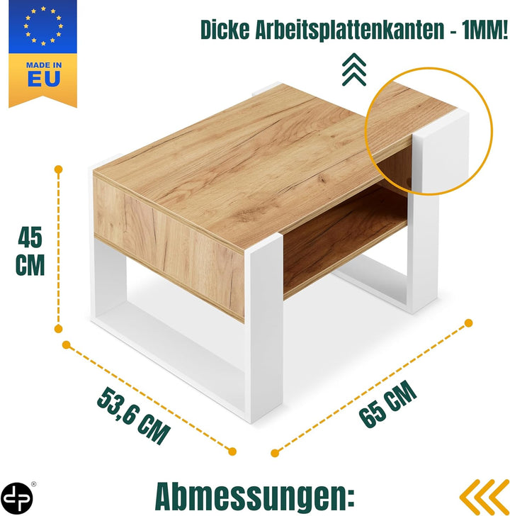 defiPad® Couchtisch mit Stauraum | Modern Wohnzimmertisch Eiche | 65CM Breite Kaffeetisch | Massiv u