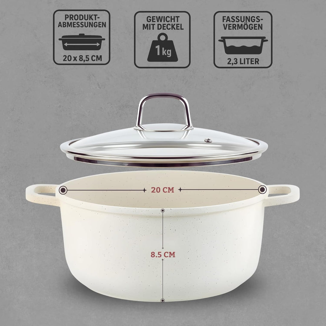 GOLDMANN Premium Gussaluminium Kochtopf 20 CM (2.3L) – Keramik-Marmor Antihaft-Kasserolle mit Glasde
