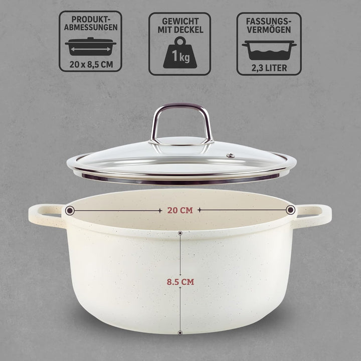 GOLDMANN Premium Gussaluminium Kochtopf 20 CM (2.3L) – Keramik-Marmor Antihaft-Kasserolle mit Glasde