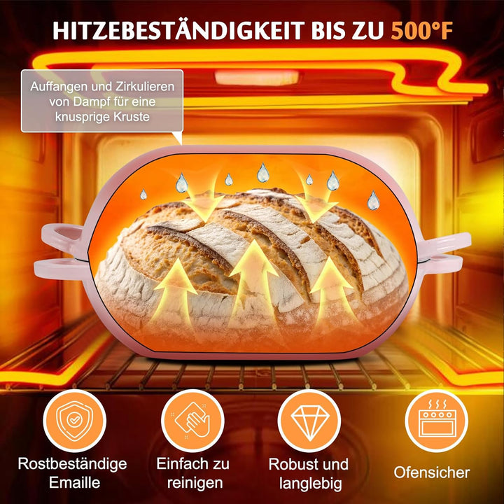 Gusseisen Brotbackform mit Deckel, 23 cm Emaille Gusseisen Topf Brot Backen, Bräter mit Deckel 2,75