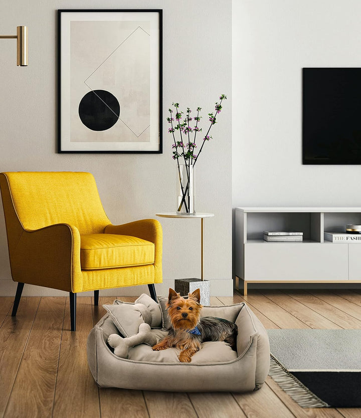 NELKE Hundebett Beige Hundekorb kuschelig Hundekörbchen im Scandynavian Stil Hundesofa Hochwertige H
