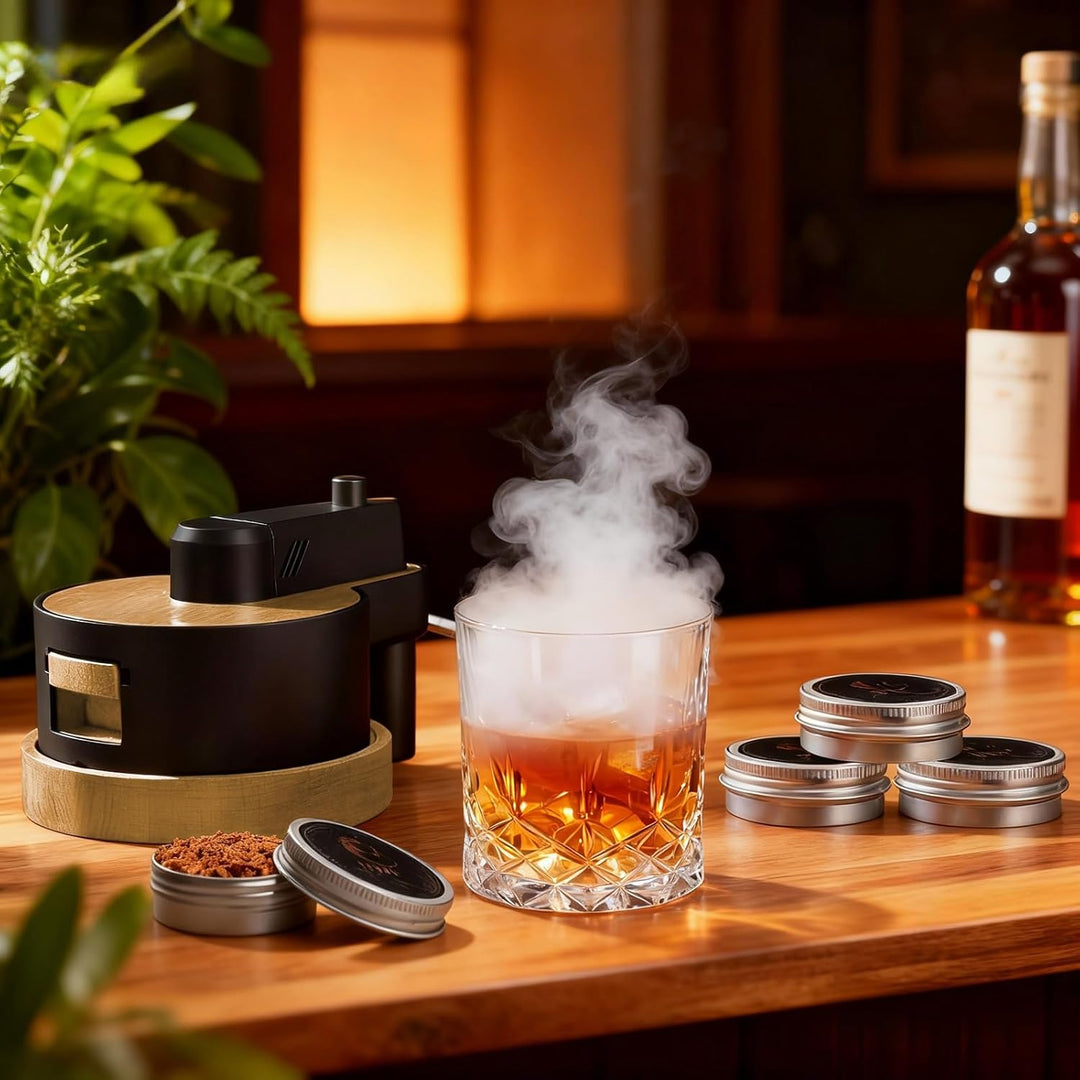 Whiskey-Smoker-Set mit integriertem Feuerzeug, 6 Sorten Holzspäne, 2 Gläser, 2 Eisballformen, Cockta