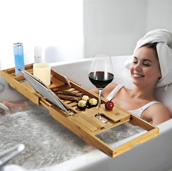 KOLMAN Badewannenablage Badewannenbrett Badewannentablett 70-104 cm Bambus Holzablage ausziehbar Wan