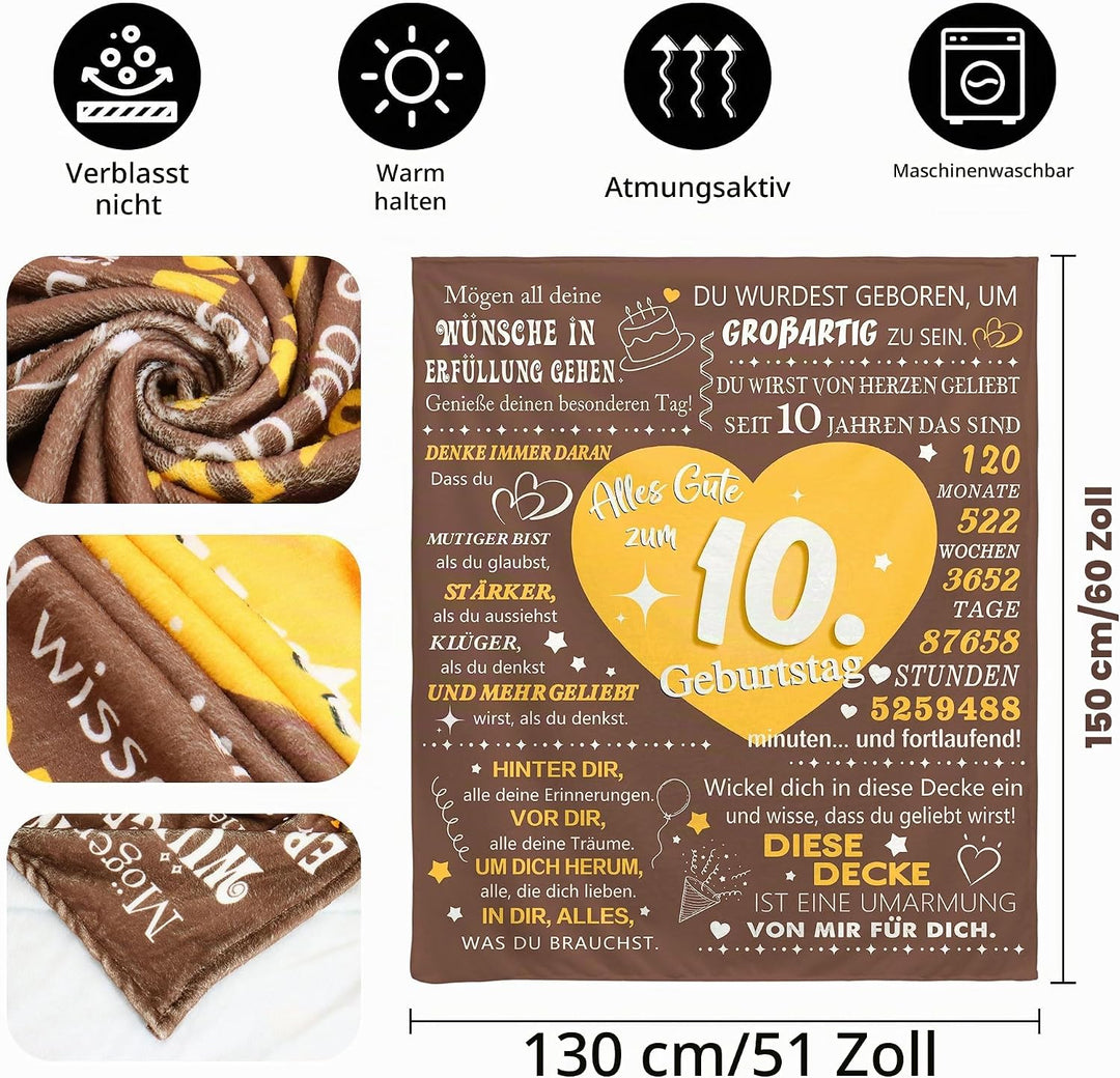 ACAROMAY Geschenk zum 10. Geburtstags Mädchen Decke Personalisierte Geschenkidee für 10-jährigen Jun