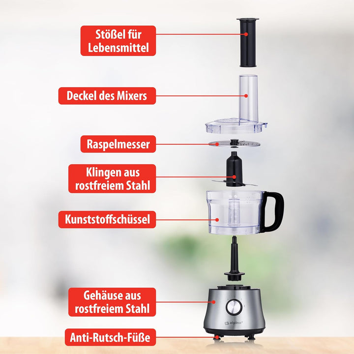 alpina 3-in-1 Küchenmaschine - 1L - 600W - Food Processor - 2 Geschwindigkeiten - Hacken, Schneiden