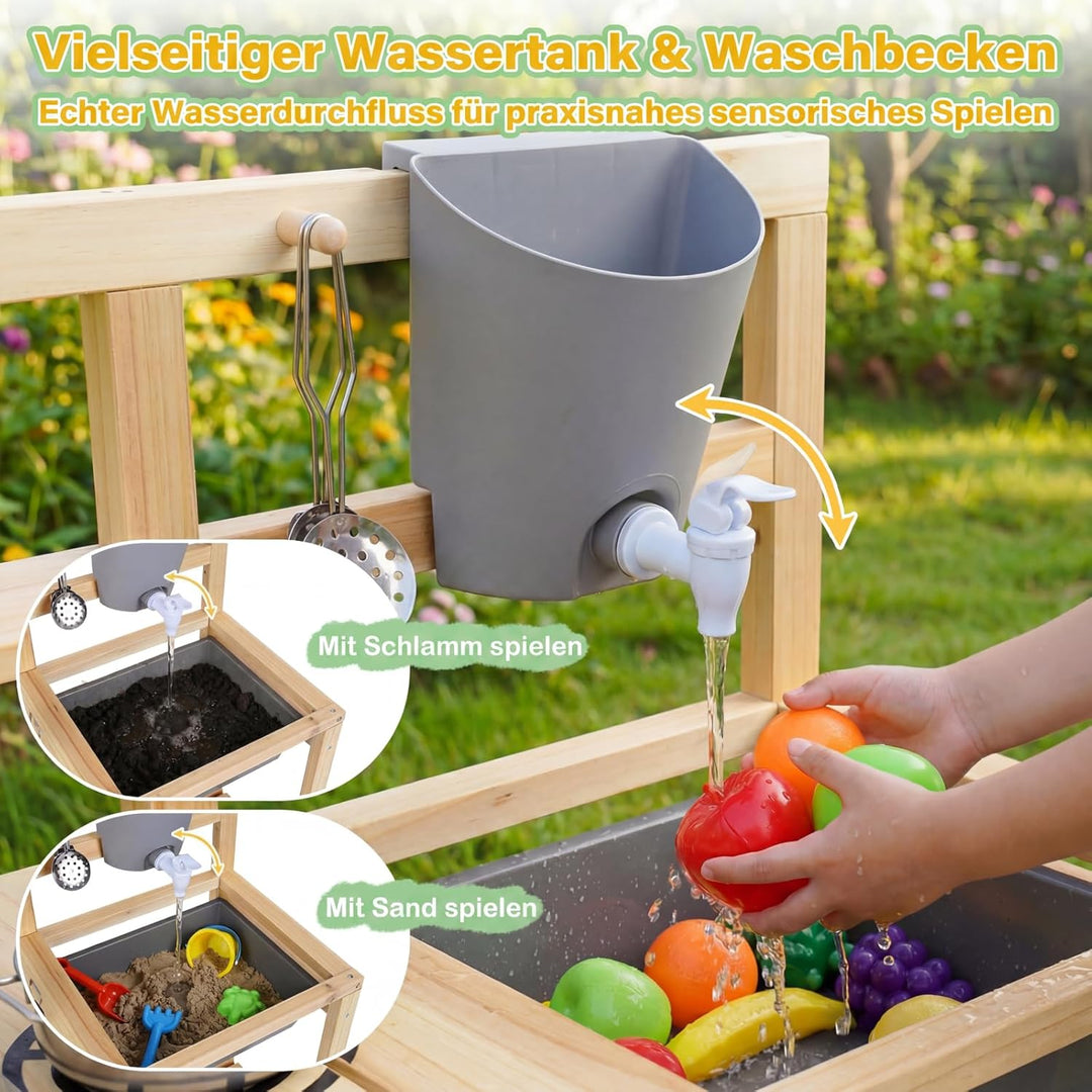 COSTWAY Matschküche Kinder, Outdoor Spielküche mit Herd, Spüle, Wassertank, Pflanztöpfen und Kreidet