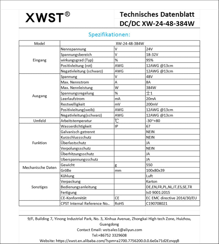 XWST DC DC Spannungswandler 24V auf 48V Aufwärtswandler 8A 384W Wechselrichter Auto Netzteil Wandler